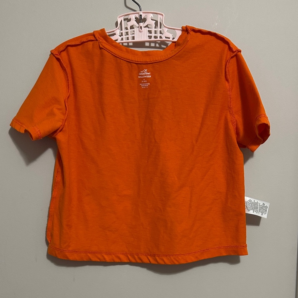 Orange Graphic Tee kids sz S /6  with Silver Sparkly Skeleton Dancing Design - Picture 8 of 9